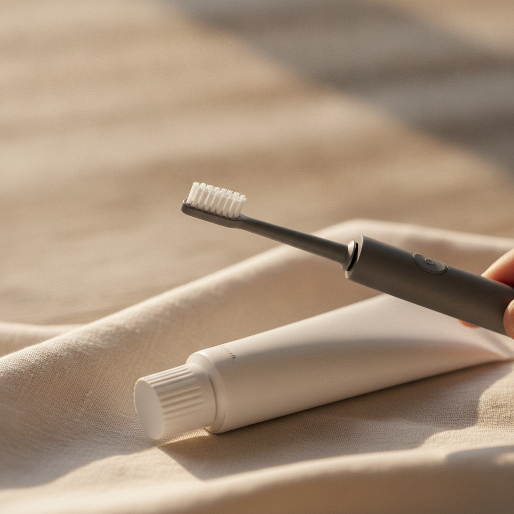 modern toothbrush and tube of toothpaste on a white background