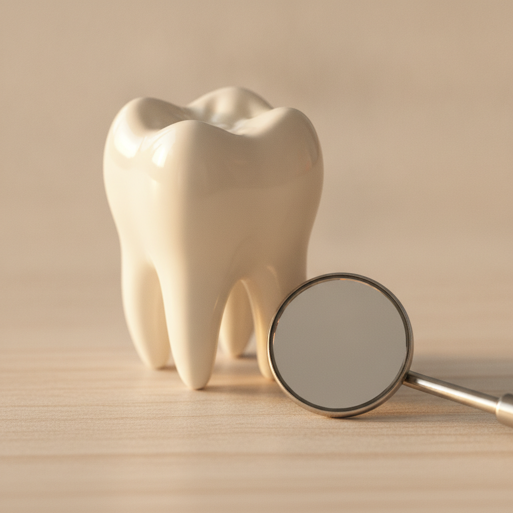 polished tooth model with a small dental mirror, soft lighting