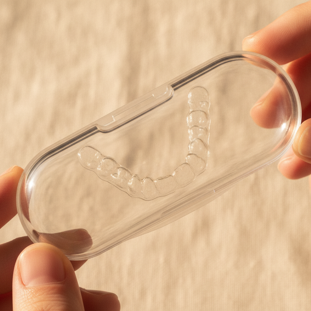 orthodontic retainer in a clear case, clean studio shot