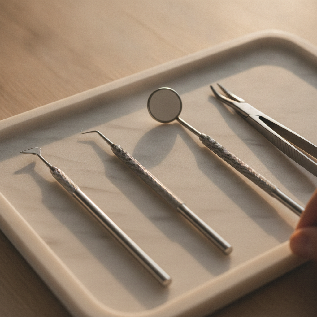 stainless steel dental tools arranged on a clean tray